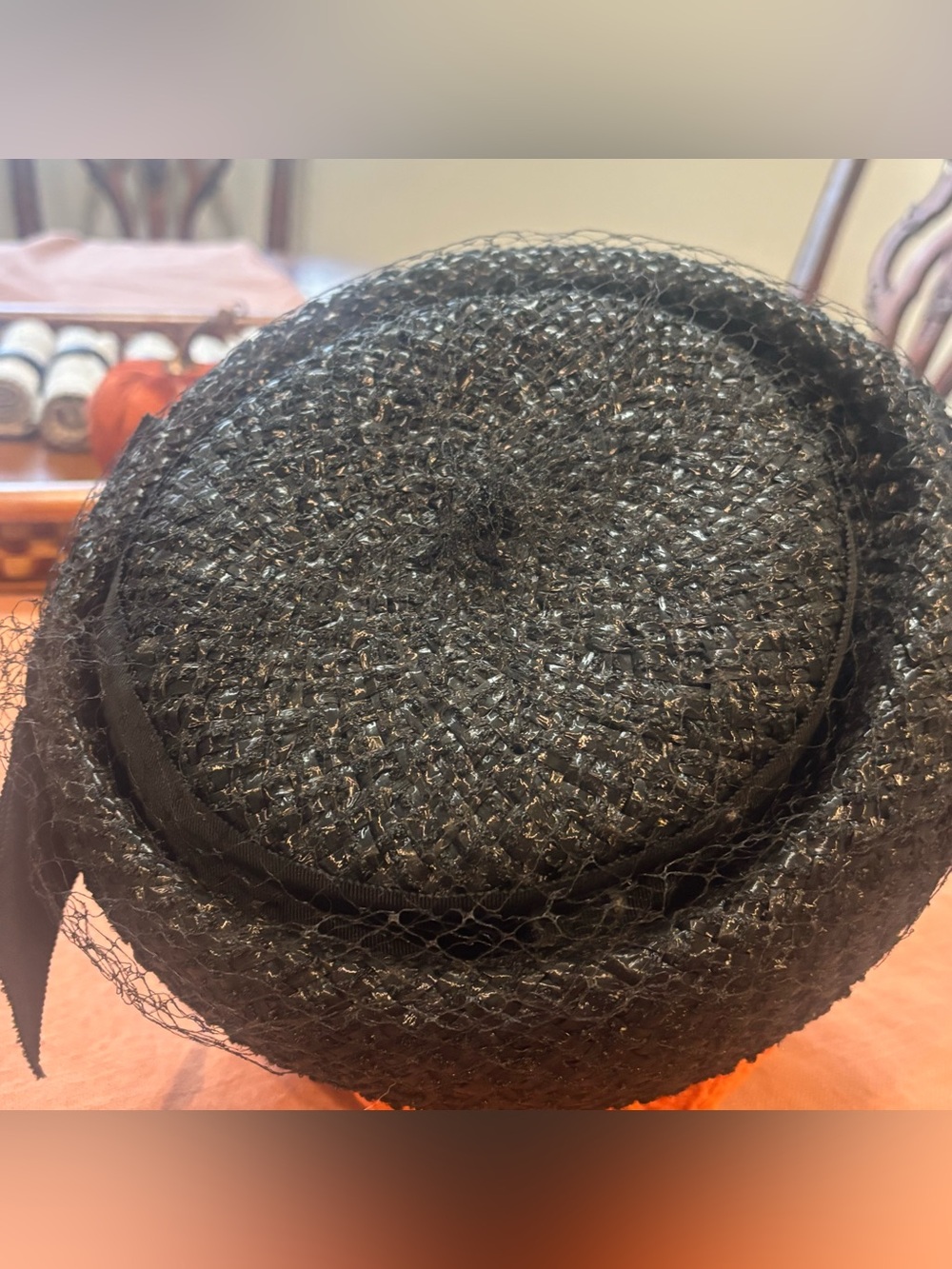 Vintage 1950s Valerie Modes Black Woven Straw Pillbox Hat Birdcage Veil